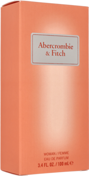 Woda perfumowana Abercrombie & Fitch First Instinct Together 100ml, prostokątne brzoskwiniowe pudełko pod kątem.