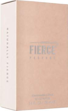 Beżowy kartonik perfum Abercrombie & Fitch Naturally Fierce 100ml ze srebrnymi napisami, ujęcie z przodu i z boku.