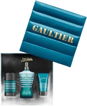 Zestaw Jean Paul Gaultier Le Male: flakon w kształcie torsu, dezodorant i żel w otwartym niebieskim pudełku z falistą pokrywą.