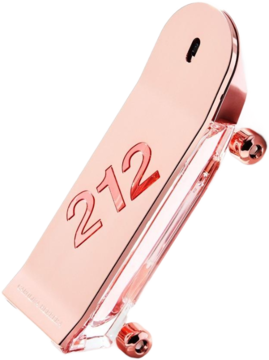 Perfumy Carolina Herrera 212 Heroes Forever Young, miedziany flakon w kształcie deskorolki, widok pod kątem.