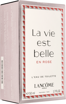 Jasnoróżowe pudełko Lancôme La vie est belle en Rose EDT 50ml z czerwonym wzorem, widok z przodu i z boku.