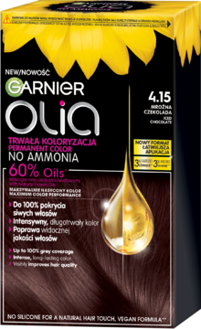 Opakowanie farby Garnier Olia 4.15 Mroźna Czekolada, trwała koloryzacja bez amoniaku, widok z przodu.