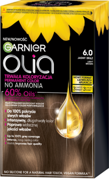 Opakowanie Garnier Olia 6.0 jasny brąz farba do włosów bez amoniaku, z olejkami, widok z przodu.
