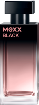 MEXX Black woda perfumowana. Szklany flakon ombre: czarna góra z różowym logo, dół różowy, widok z przodu.