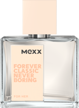 MEXX Forever Classic Never Boring woda toaletowa, prostokątny flakon z beżową etykietą i nakrętką.
