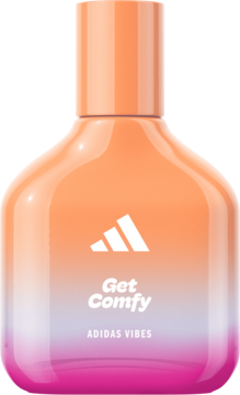 Adidas Vibes Get Comfy woda perfumowana, butelka z pomarańczowo-różowym gradientem i białym logo Adidas.