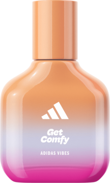 Adidas Vibes Get Comfy woda perfumowana, butelka z gradientem różowo-pomarańczowym i logo Adidas, widok z przodu.