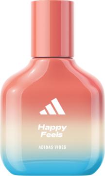 Adidas Happy Feels Vibes woda perfumowana, butelka z gradientem pomarańcz-żółć-błękit, białe logo, widok z przodu.