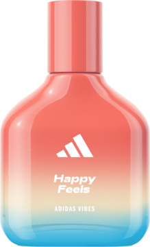 Adidas Happy Feels EDP dla kobiet w szklanym flakonie, gradient od czerwieni, przez żółć, do błękitu, z białym logo, widok z przodu.