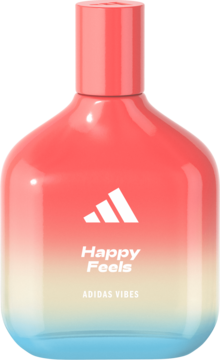 Adidas Vibes Happy Feels woda perfumowana w gradientowej butelce (czerwień, żółć, błękit), z białym logo i napisem, widok z przodu.