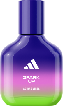 Woda perfumowana Adidas Vibes Spark Up dla kobiet, flakon z gradientem fioletu, różu i zieleni, połyskliwy, widok z przodu.