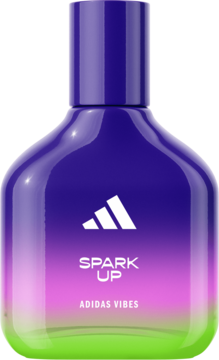 Woda perfumowana Adidas Vibes Spark Up w szklanej butelce gradientowej fiolet-róż-zieleń, z białym logo i napisem.
