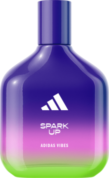 Adidas Vibes Spark Up woda perfumowana. Flakon z gradientem neonowego zielonego, różowego i fioletowego, z białym logo.