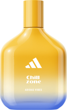 Adidas Chill Zone EDP, butelka z recyklingu w żółto-niebieskim gradiencie, z białym logo i napisem Chill Zone.