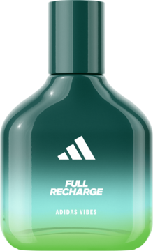 Męska woda perfumowana adidas Vibes Full Recharge w butelce o gradacji od ciemnej zieleni do limonkowej żółci, widok z przodu.