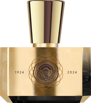Złoty flakon perfum Mystic Ritual z korkiem, ozdobiony okrągłym logo Miraculum 1924-2024, widok z przodu.