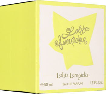 Lolita Lempicka woda perfumowana w żółtym pudełku z gwiaździstym złotym logo, widok z przodu.