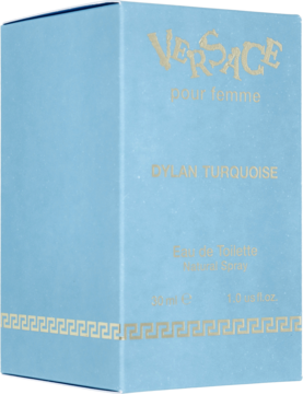 Jasnoniebieskie pudełko Versace Dylan Turquoise Eau de Toilette 30 ml, złoty napis, widok z przodu pod kątem.