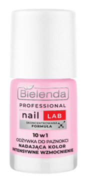 Bielenda Professional Nail Lab 10w1, różowa odżywka do paznokci, butelka z białym korkiem, widok z przodu.