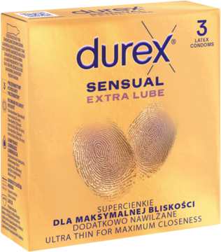 Złote opakowanie prezerwatyw Durex Sensual Extra Lube, ultra cienkich, z wytłoczonymi odciskami palców.