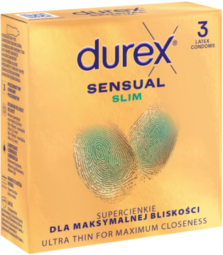 Złote opakowanie prezerwatyw Durex Sensual Slim, najcieńszych dla maksymalnej bliskości, widok z przodu.