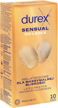 Złote opakowanie prezerwatyw Durex Sensual No Latex, widoczne pod kątem, z napisem "LATEX FREE FOR MAXIMUM CLOSENESS".