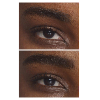Brwi przed i po użyciu kredki IsaDora Brow Powder Pen 03 Dark Brown. Zbliżenie: góra naturalna, dół podkreślona.