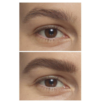 Dwa zbliżenia na oko: u góry naturalna brew, na dole brew podkreślona brązową kredką IsaDora Brow Powder Pen.