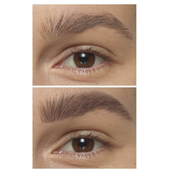 IsaDora Brow Powder Pen, zbliżenie na efekt przed i po: brązowe brwi nieuporządkowane i podkreślone.