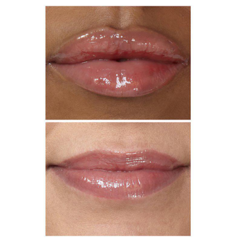 Dwa zbliżenia ust z błyszczącym IsaDora Glossy Lip Treat 55 Silky Pink, usta nawilżone i pełne połysku.