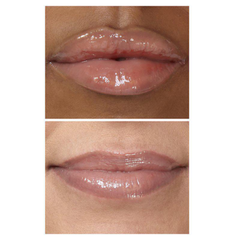Dwa zbliżenia ust z błyszczykiem IsaDora Glossy Lip Treat Cream Rose, ukazujące nawilżenie i blask.