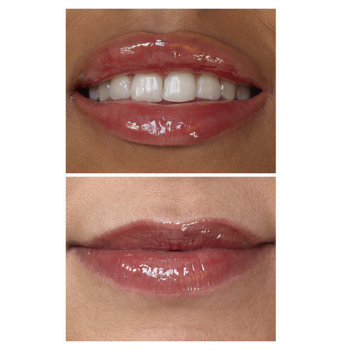 IsaDora Glossy Lip Treat 54 Ginger Glaze: Zbliżenie na lśniące, nawilżone usta z delikatnym, brązowym połyskiem.
