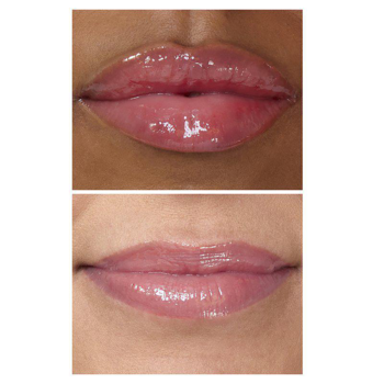 Błyszczyk IsaDora Glossy Lip Treat 61 Pink Punch: dwa zbliżenia ust, z delikatnym i intensywnym efektem nawilżenia i koloru.