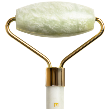 Roller do masażu twarzy Easy Livin' z jadeitu, jasnozielony wałek i złote mocowanie, zbliżenie.