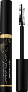 Czarna maskara Max Factor Masterpiece Divine Lashes ze złotym wzorem, obok szczoteczka do rzęs.