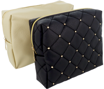 Zestaw kosmetyczek Eloy: czarna pikowana ze złotymi nitami i złota. Obie zapinane na zamek, widok z przodu.