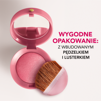 Otwarte różowe opakowanie różu Bourjois Little Round Pot, z lśniącym pudrem, pędzelkiem i lusterkiem, widok z góry.