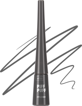 Szary eyeliner Wibo Piff Puff w stożkowej butelce z aplikatorem, obok szary swatch, widok z przodu.