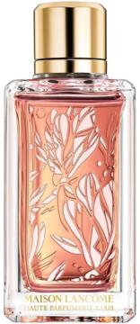 Maison Lancome zapach w szklanej butelce z różowym płynem, złotą nakrętką i białym wzorem kwiatowym.