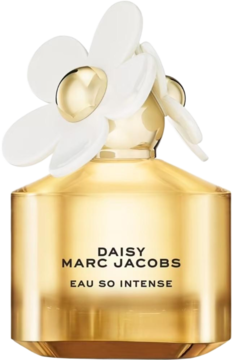 Złota butelka perfum Marc Jacobs Daisy Eau So Intense z charakterystyczną białą nakrętką w kształcie stokrotki. Widok z przodu.