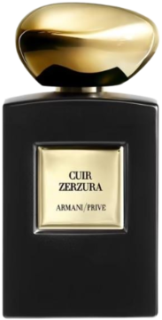 Perfumy Armani/Prive Cuir Zerzura w eleganckiej czarnej butelce ze złotą nakrętką, widok z przodu z etykietą.