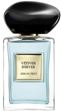 Perfumy Vetiver d'Hiver Armani/Prive, błękitna butelka ze złotą etykietą i czarnym, lśniącym korkiem, widok z przodu.