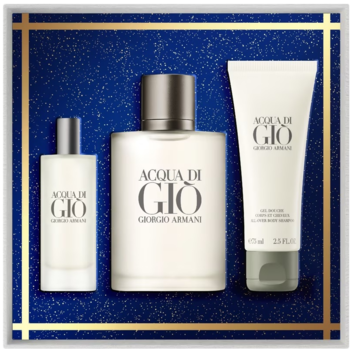 Zestaw Giorgio Armani Acqua di Gio: 3 butelki zapachu i żelu, białe, na granatowym pudełku ze złotymi ramkami.