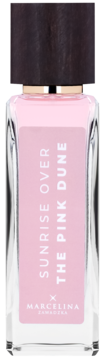 Butelka wody perfumowanej Sunrise The Pink Dune od Marcelina Zawadzka, z różowym płynem, widok z przodu.