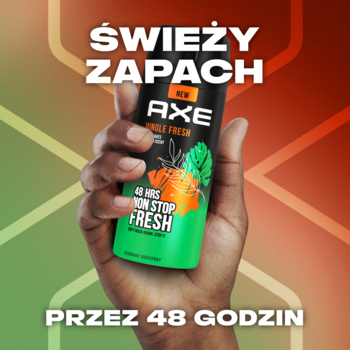Axe Jungle Fresh męski dezodorant w zielonym sprayu, trzymany w dłoni, z napisem ŚWIEŻY ZAPACH.