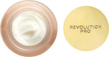 Widok z góry otwartego słoiczka Revolution PRO Miracle nawilżającego kremu do twarzy i złotego wieczka z logo.