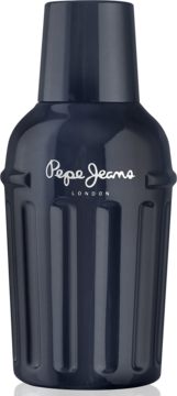 Ciemnoniebieski flakon Pepe Jeans Addictive for Him, o kształcie shakera z pionowymi żłobieniami, widok z przodu.