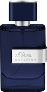 s.Oliver Superior Intense Blue woda toaletowa w granatowej butelce, srebrna opaska, widok z przodu.