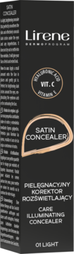 Lirene Satin Concealer 01 Light w czarnym pudełku, z grafiką witamin i beżowej kropli, widok z przodu.