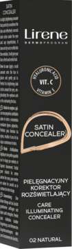 Czarne opakowanie Lirene Satin Concealer 02 Natural. Rozświetlający korektor z kwasem hialuronowym, wit. C i E.